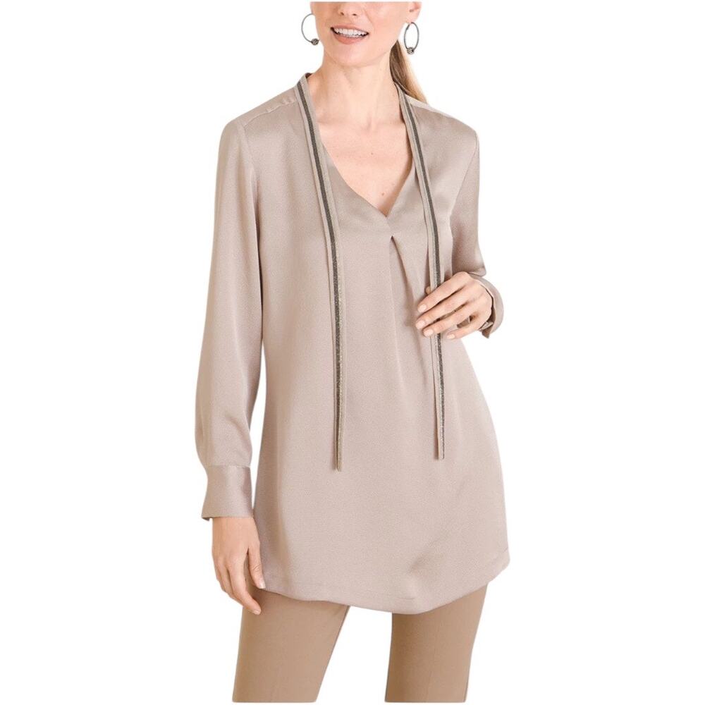 Chico's Silky Satin Embellished Chain Tie-Front Minimalist Tunic Size 1 (8/10)